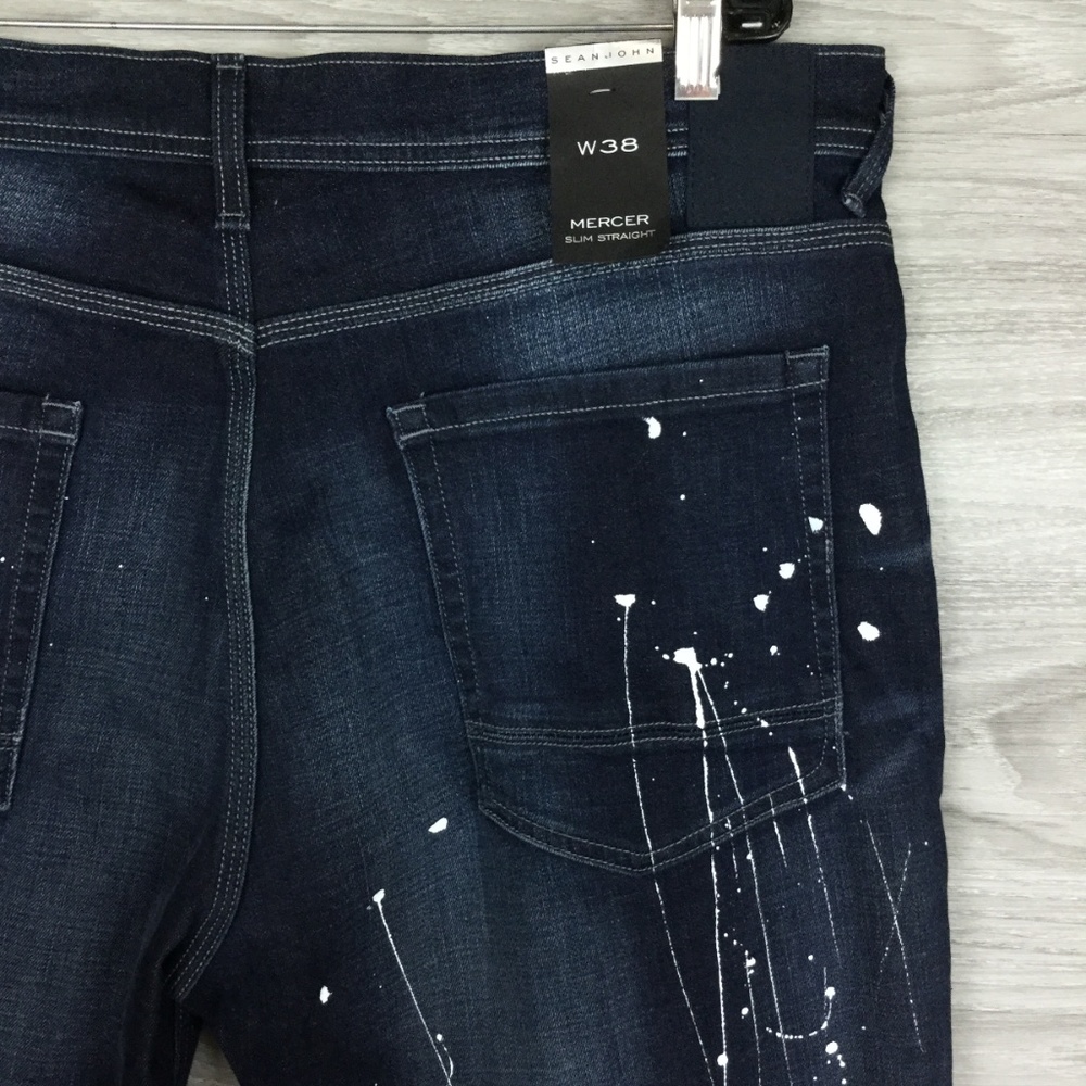 Sean John Blue Washed Splatter Slim Straight Jeans - Picture 4 of 6